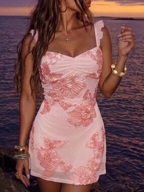Baby Pink Elegant Women's Backless Floral Embroidery Neck Dress